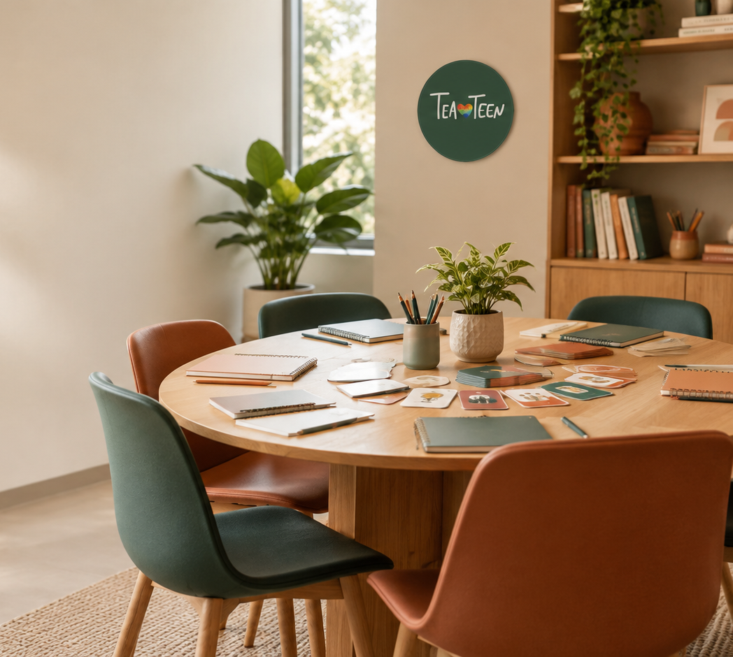 Mesa com materiais para atividades do TEATEEN
